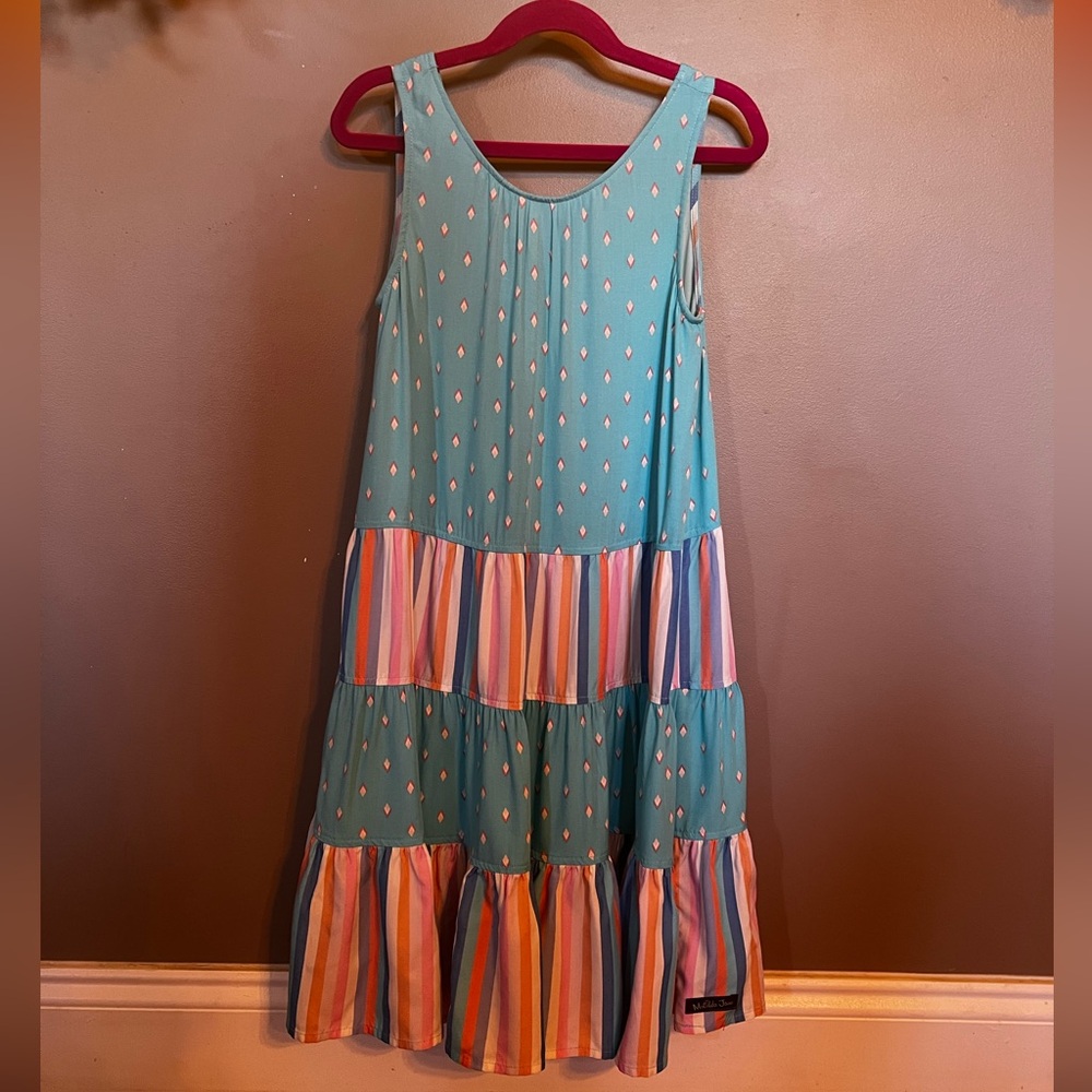 Matilda Jane Bow Way Teal and Multicolor Striped Dress size 8